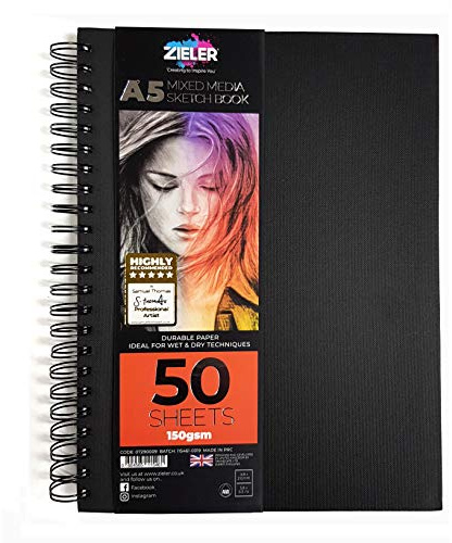 Hardback Spiral Mixed Media Sketch Book – 150gsm 50 Sheets - by Zieler™. Ideal for use with Pencils, Charcoal, Graphite, Pastels & Light Watercolour. Perforated & Acid Free Sheets - Portrait (A5)