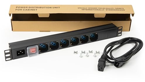 Rock-Mehrfachsteckdose, 19 Zoll, 6 Universalsteckdosen, mit Stromkabel, C14, Stecker abnehmbar