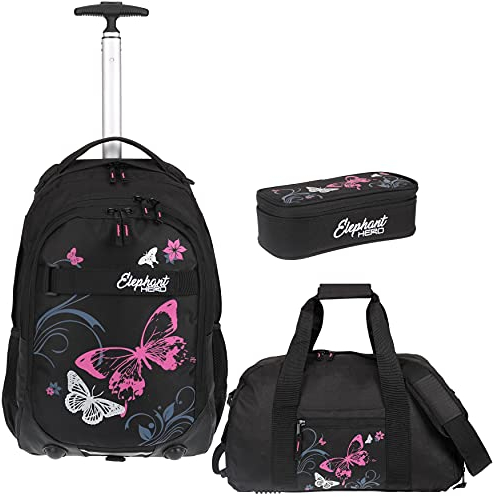 Schultrolley Mädchen 3 Teile Set Elephant Signature Hero Trolley + Sporttasche + Mäppchen Box 680 tsmb (NL Butterfly Pink tsmb)