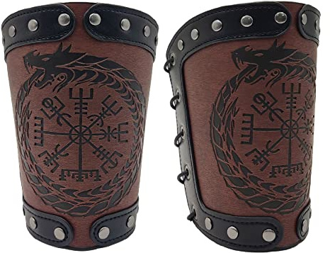 viking vegvisir präglade armskenor medeltida PU-läder medeltida armband kostym viking läder armrustning herrarmband bågskytte justerbar arm vakt armskydd för LARP Halloween (brun)