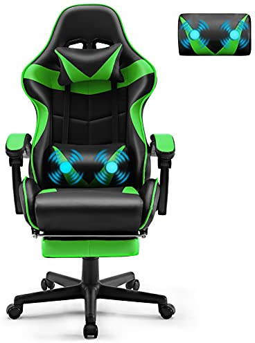 Soontrans Gaming Stuhl Massage, Gaming Sessel mit Fußstütze & Kopfstütze & Massage-Lendenkissen, Gepolsterte Armlehnen, Ergonomisch Gaming Stuhl für Gamer YouTube Livestreaming Xbox (Grün)