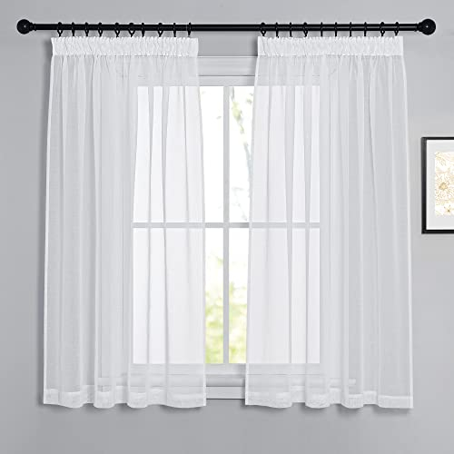 PONY DANCE Cortinas Cortos para Riel con Ganchos de Dormitorio Cortas Cortinas Transparentes con Aspecto de Lino Visillos Blancos Salon 2 Piezas, 140x145cm