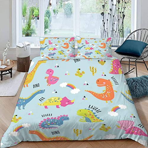 Housse de Couette 220x240 Dinosaure De Dessin Animé Mignon Parure de Lit 2 Personnes Adulte Impression 3D Animaux Colorés Ultra Doux Microfibre Literie avec Fermeture Éclair et 2 Taies d'oreiller