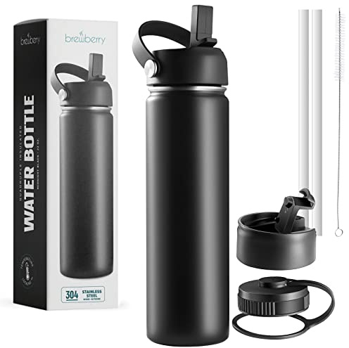 Brewberry Stainless Steel Insulated Water Bottle and Travel Mug for Hot and Cold Beverages, Wide Mouth, Double Wall Insulated Hydration Sports Water Bottle for Hiking, Biking, Outdoor, 22 OZ BPA Free