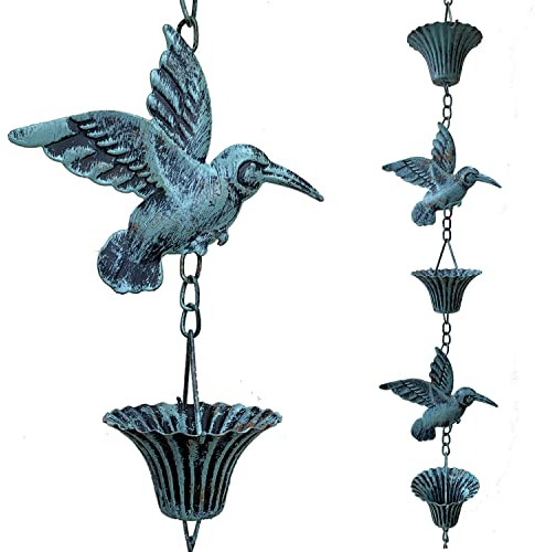 Aifeorzo Regenkette 2,5 m, Kolibri- und Tassen-Regenketten für Dachrinnen, funktioneller Ersatz für Fallauslauf, Metall-Regenwasserfängerkette, Outdoor-Gartendekoration, Antikblau