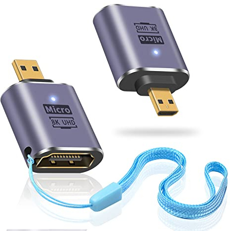 Duttek 8K HDMI to Micro HDMI Adapter, Standard Micro HDMI Extension Adapter 2.1 Version, Micro HDMI Male to HDMI Female Adapter with LED Light and Perforated Design Support 8K@60Hz, 4K@144Hz (2 Pack)