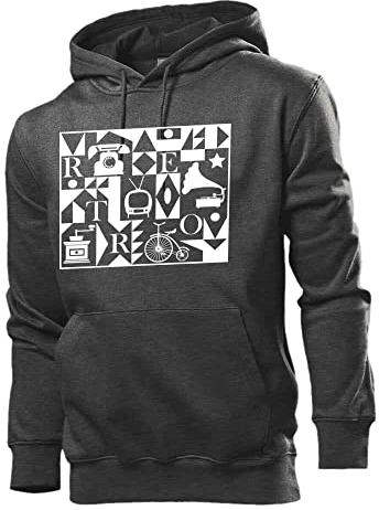 Generisch Felpa con cappuccio da uomo retrò, Grigio scuro mélange, S