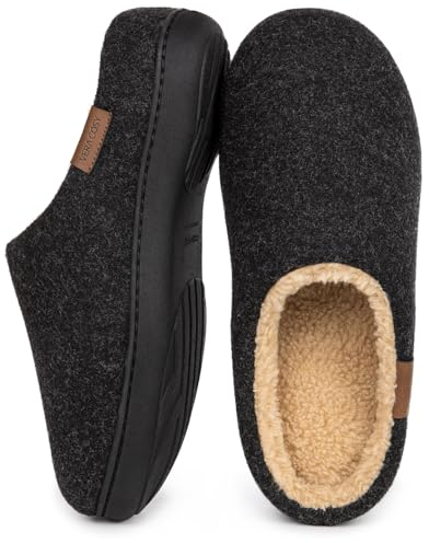 VeraCosy Men's Fuzzy Slip-on Slippers Warm Comfy Memory Foam Non-slip Indoor House Shoes Black, 10-11 UK