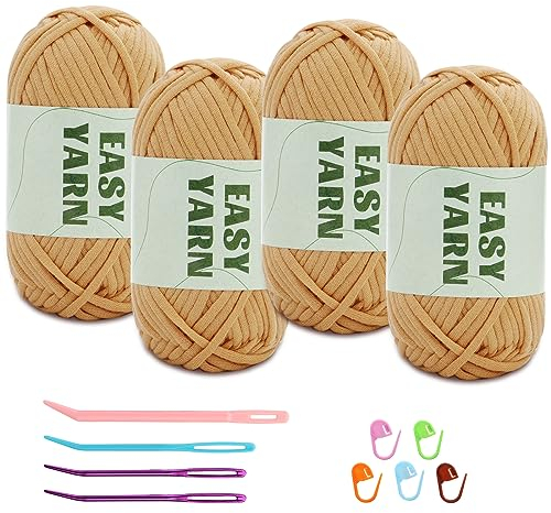 4 Stück Khakifarbenes Garn, Häkel- und Strickgarn für Anfänger, gut Sichtbare Maschen, Grobes, Dickes Baumwoll-Nylon-Mischgarn, Garn Zum Häkeln mit Häkelzubehör (4 X 50 g)