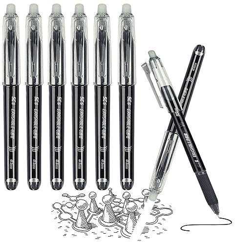 Surcotto 6pcs Erasable Pens Black, Friction Pens with Rubber, Rub Out Pens with Eraser, Eraser Pen for Kids Adults School Writing Office Stationary Supplies