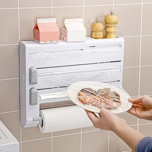 6 in 1 Folienspender Mit Cutter, Frischhaltefolie Abroller Folienspender, Plastiktütenhalter, Wandrollenhalter, Frischhaltefolienschneider für Küchenschublade