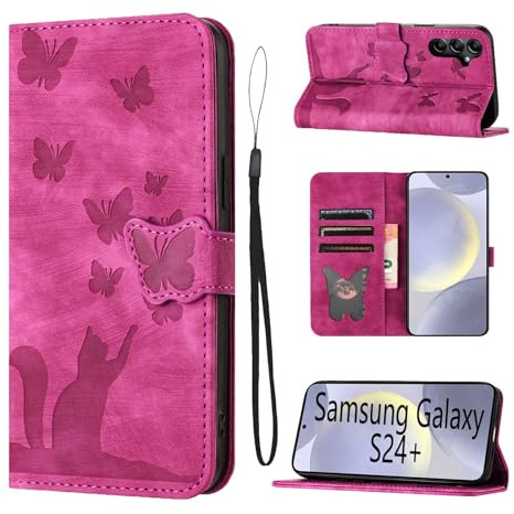 LSPCASA Fällbart fodral för Samsung Galaxy S24 Plus 5G, stativfunktion, med kortfack, katt- och fjärilsmönster, läderfodral, rosa
