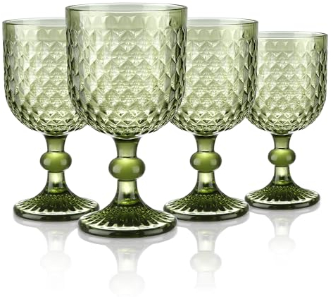 Joeyan 350ml Green Coloured Chunky Goblet Wine Water Glasses Set of 4 with Embossed Diamond Pattern, Thick Heavy Sturdy Vintage Stemmed Glassware for Home Kitchen Party Bar, Dishwasher Safe