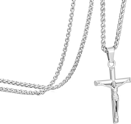 Kette Herren, Halskette Kruzifix Kreuz-Anhänger, Jesus Christus Kettenanhänger für Herren Damen, Edelstahl Silberkreuz Geschenkideen für Freund