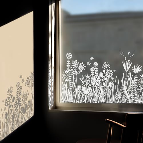Neukids Blume Gras Adhäsionsfolie Fenster Weiß Pflanze Deko-39x150cm | Statische Fensterfolie,Fenstersticker Geeignet für Wohnzimmer Schlafzimmer Küche Bad Büro Kinderzimmer