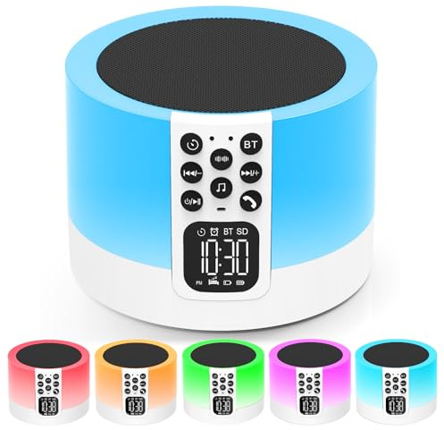 Night Light Alarm Clock Bluetooth Speaker, Touch Bedside Lamp & White Noise | 30 Soothing Sounds Alarm Clock for Bedroom, Dimmable Warm Light, 7 Color Changing, Best Gifts for Teenage Boys Girls