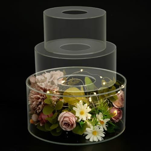 Lot de 3 présentoirs à gâteaux en acrylique avec guirlandes lumineuses LED transparentes à remplir - Présentoir à gâteaux empilable - Présentoir à gâteaux rond pour mariage, anniversaire, fête de
