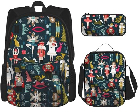 OKFSTY Lot de 3 sacs à dos de danse de Noël Casse-noisette, 40,6 cm, sac à livres et boîte à déjeuner pour garçons d'âge préscolaire et boîte à déjeuner léger, Noir , Taille unique, Ensemble cartable