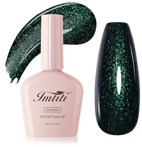 Imtiti Dunkelgrüner Glitzer Gel Nagellack, Weihnachten mit Sternenlicht Grünes Glitzergel,UV/LED Gel zum Ablösen für DIY Nageldesign zu Hause oder im Salon(Dunkle Nacht Sternenlicht Grün-10ml)
