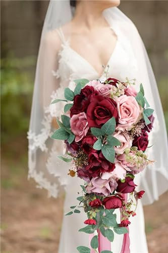 Hochzeitssträuße, Brautstrauß 9 Zoll roter Rosen-Wasserfall-Brautstrauß, künstlicher Pfingstrosen-Hochzeitsblumenstrauß, werfende Kaskadensträuße for die Hochzeitsfeier