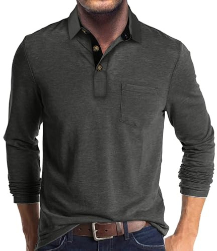 Poloshirt Herren Langarm Shirt Basic Baumwolle Langarmshirt mit Knopfleiste Mode Longsleeve Polohemd mit Brusttasche Leichte Sommershirt Regular Fit Polo Shirt Lässig Longshirt Einfarbige Oberteile
