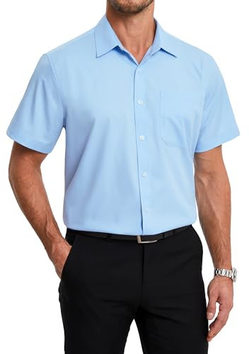 HISDERN Mens Short Sleeve Light Blue Shirts Bamboo Dress Shirts for Men Casual Formal Wrinkle Free Shirt with Pocket Regular Fit 2XL