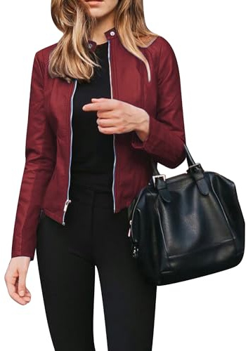 ensswliz Damen Mode Kurz Slim Lederjacke Klassischer Stehkragen Langarm Full Zip Up Kunstleder Moto Jacke Herbst Langarm Mantel, weinrot, S