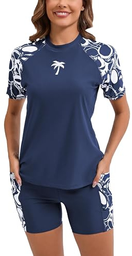 Halcurt Ladies UPF 50+ Rash Guard Swim Shirt and Shorts Built in Bra Swimsuit Set Navy L