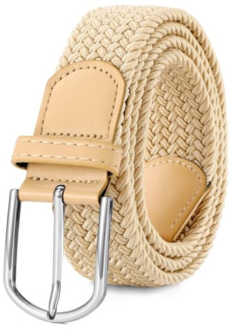 VONMELLI Damen Gürtel Stretchgürtel Damen Herren Elastischer Stoffgürtel Geflochtener Verstellbarer Flechtgürtel mit Goldschnalle für Jeans Hosen Shorts Kleid Khaki mit silberner Schnalle M