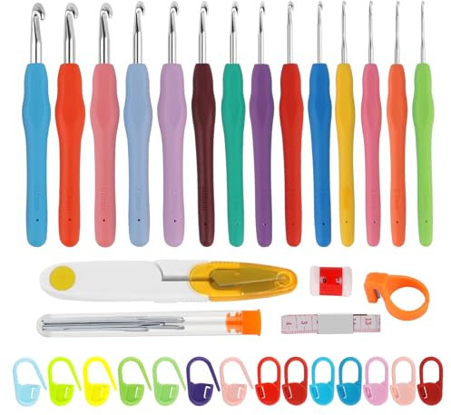 57 Stück Häkelnadel Set 14 Größen Häkel Zubehör Metall Crochet Hook Set Häkelnadel mit Bunte Silikon Ergonomischer Griff für Anfänger und Häkelliebhaber