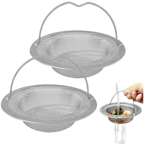 Filtre Evier, 2PCS Grille Evier Cuisine, Grille evier cuisine avec poignée de transport, Acier inoxydable bonde evier cuisine, Protection contre le blocage, Bouchon Evier Cuisine en Acier Inoxydable