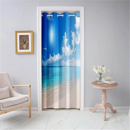Odot Verdunkelungsvorhänge mit Ösen, 3D Meerblick Muster Blackout Vorhang Thermo Türvorhang Winddicht Türtrenner Raumteiler Vorhang Raumverdunkelung Thermovorhang (Blau Himmel,180x200cm)