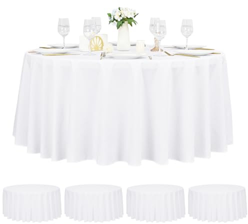 Pesonlook 4er-Set Runde Tischdecke Weiß, Durchmesser 305 cm, Polyester-Tischtuch Rund Waschbar, Wasserabweisend und Fleckenabweisend, Stofftischdecke für Hochzeit, Bankett, Party, Buffet