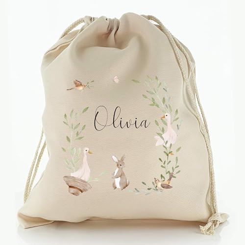 Personalised Drawstring Sack – Custom Name Gift Bag for Kids Woodland Creature Animal Wreath Cute Illustration for Easter Birthday Dance School Children's Bedroom - Canvas Cotton Medium