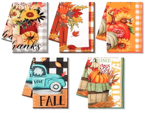 Autilify Fall Tea Towels Set of 5-Halloween Kitchen Towel-Harvest Gift | Autumn Harvest Design: Features vibrant pumpkins, sunflowers & fall leaves. Perfect for Thanksgiving & Halloween decor.