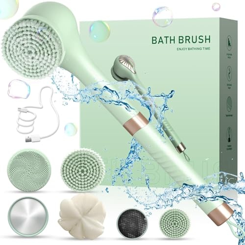Electric Body Brush, Silicone Scrubbing for Shower, Bath Wash Back Brushing Scrubber, Exfoliating Scrub Cleansing Scrubber Set with Long Handle 6 Brush Heads for Dead Skin Removal & Exfoliation