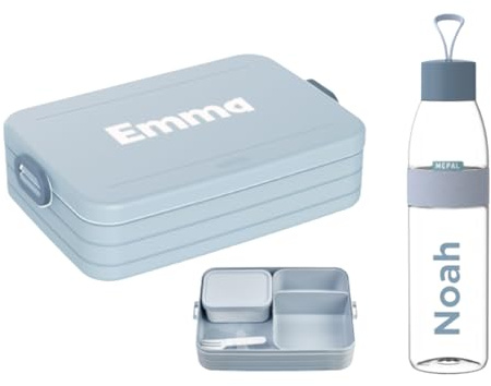 Mepal Set – Personalisierte Bento Lunchbox & Trinkflasche 700 ml – Brotdose mit Namen für Kinder & Erwachsene – BPA-frei – Schule, Büro & unterwegs – Nordic blue