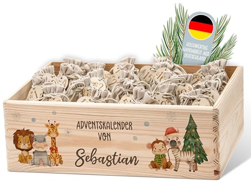 Lilleta ® Personalisierte Adventskiste - Adventskalender 2025 aus Holz mit Namen - Weihnachtskalender für Kinder & Erwachsene (Safarifreunde)