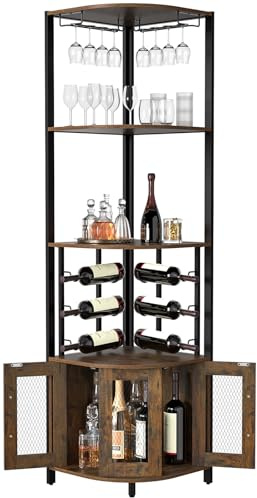 Skokliz Corner Bar Cabinet with Glass Holder, 4 Tier Liquor Wine Cabinet with Metal Mesh Doors, Buffet Cabinet Wine Rack Cabinet with Anti-tip Kit for Home Coffee Bar Liquor and Wine Storage