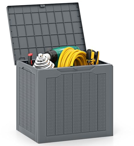 HOMASIS Baule da Esterno Impermeabile da 96L, Cassapanca Contenitore da Esterno con Coperchio e Texture Intrecciata in Rattan, Organizzatore per Patio, Giardino, Piscina, Terrazza (Grigio)