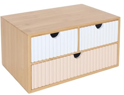 Caja de cajones Relaxdays, bambú y MDF, 3 cajones, H x A x F: 15 x 30 x 20 cm, Organizador de Escritorio, Blanco/Rosa