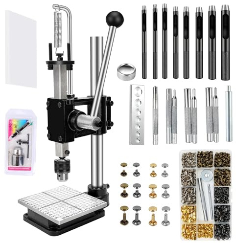 Leder Locher Werkzeug, Lochmaschine Lochstanze Handlochstanzmaschine mit 21 Stanzwerkzeugen, einschließlich Nietensetzer, Druckknopf-Set-Werkzeug und 480 Nieten für DIY-Lederarbeiten