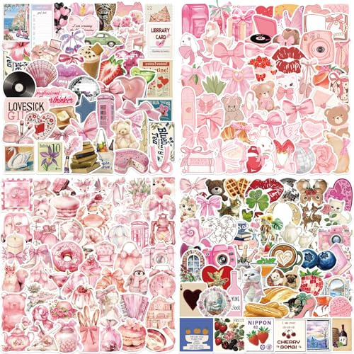 EDLMKM 200 PCS Pink Aesthetic Stickers, Sticker Aesthetic, Pink Funny Stickers for Adults & Women, Vintage Pink Girls Stickers for IPAD, Laptop, Ebook Readers