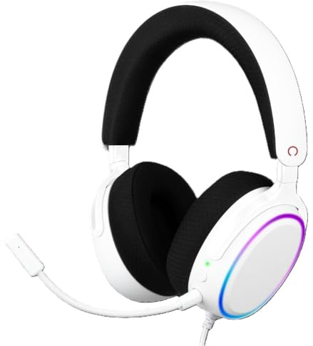 Konix Casque Gaming Circum-aural Filaire Nexus pour PC - Haut-parleurs 40 mm - Microphone - Connexion USB-A - Câble 1,8 m - Éclairage RVB - Blanc