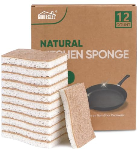 HOMEXCEL Juego de 12 esponjas de celulosa natural de doble cara para sartenes, ollas y vajilla, versátiles para cocina y baño