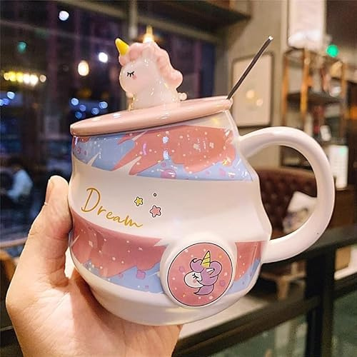 Ceramic Coffee Mug with Lid & Spoon, Cute Unicorn Ceramic Coffee Tea Cup - 3D Unicorn Topper, Twisted Body Design, Perfect Breakfast Mug for Coffee, Tea, and Gifts (Pink)
