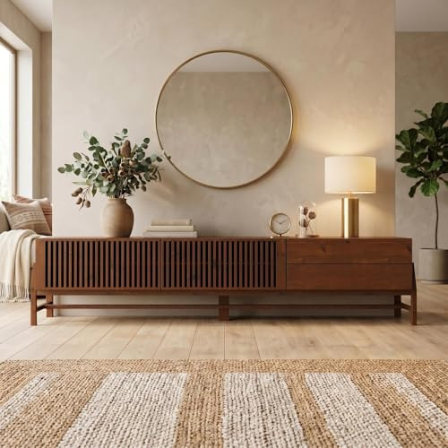 IDIMEX Lowboard Adamo 220 cm aus Massivholz, Kastanie Finish - TV Kommode mit Lamellenschiebetüren, TV Lowboard für Wohnzimmer, Sideboard mit 2 Schubladen, Wohnzimmer TV Schrank