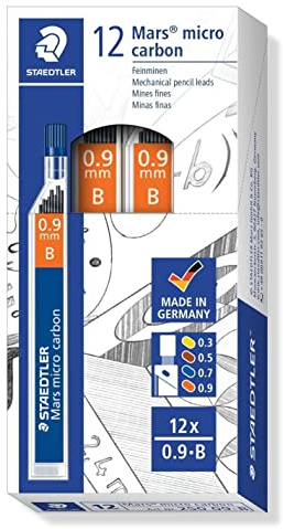 STAEDTLER 250 09-B Mars Micro Feinminen, Minendurchmesser 0.9 mm, B, 12 Stück, graphitgrau | Bruchfeste, langlebige Feinminen – weiches Schreiben, in Dose – Art.-Nr. 250 09-B