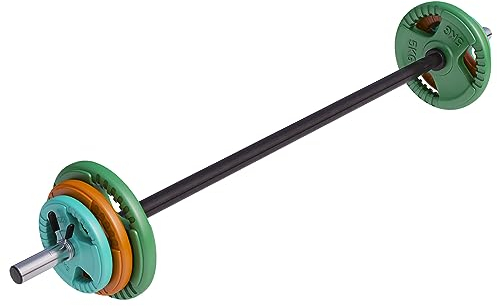 GORILLA SPORTS® Langhantel Set - 19,5/20 kg (2x1,25/2,5/5) Aerobic, 130 cm, 6 Hantelscheiben, 30mm, Gusseisen, Federverschlüsse - Hantelset, Pump Set, Gewichte, Langhantelset