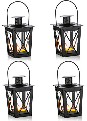 Nuptio 4 Piezas Linternas para Velas, Mini Linternas Decorativas de Metal Vintage Negro Portavelas de Té y Portavelas de Luz de Té para Decoración de Fiesta de Cumpleaños y Jardín